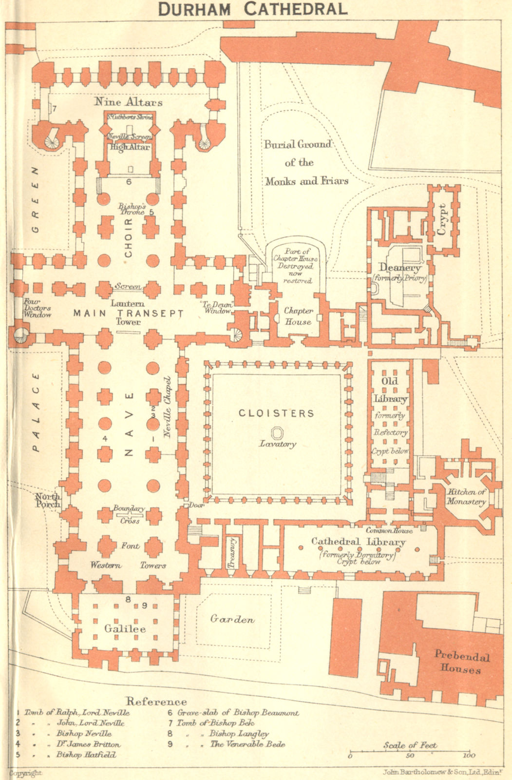DURHAM. Cathedral 1924 old antique vintage map plan chart